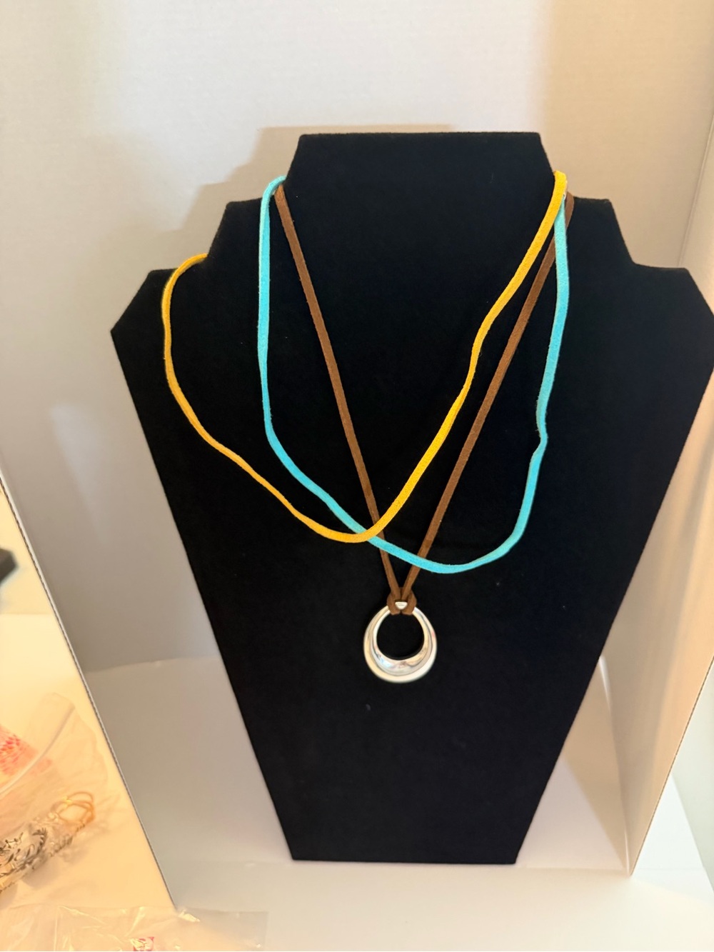 Layered Turquoise and Mustard Cord Necklace with Silver Pendant
